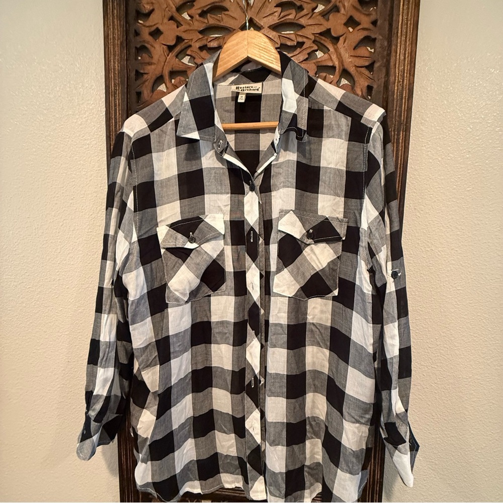 Women's Black & White Checked Button-Down Shirt